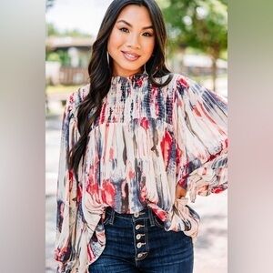 The Mint Boutique Run With It Navy Abstract Blouse size small see size chart